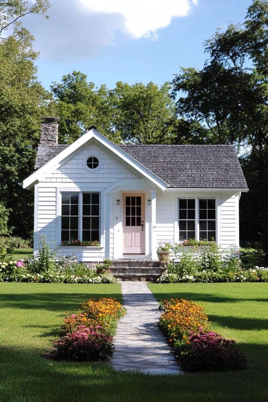 White cottage with a shingled roof and a stone path leading to it