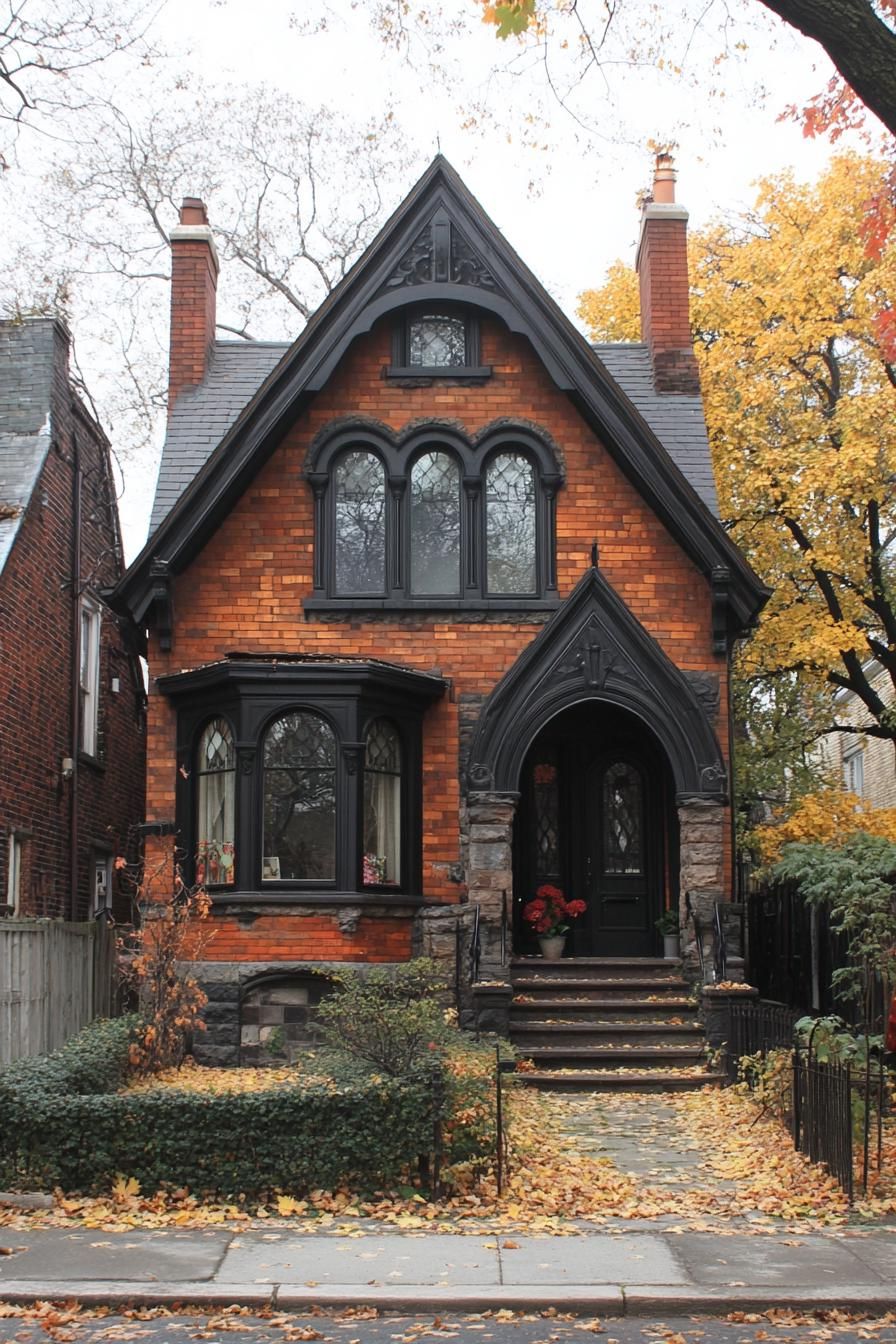 Charming red brick house with gothic-style windows and decorative arches