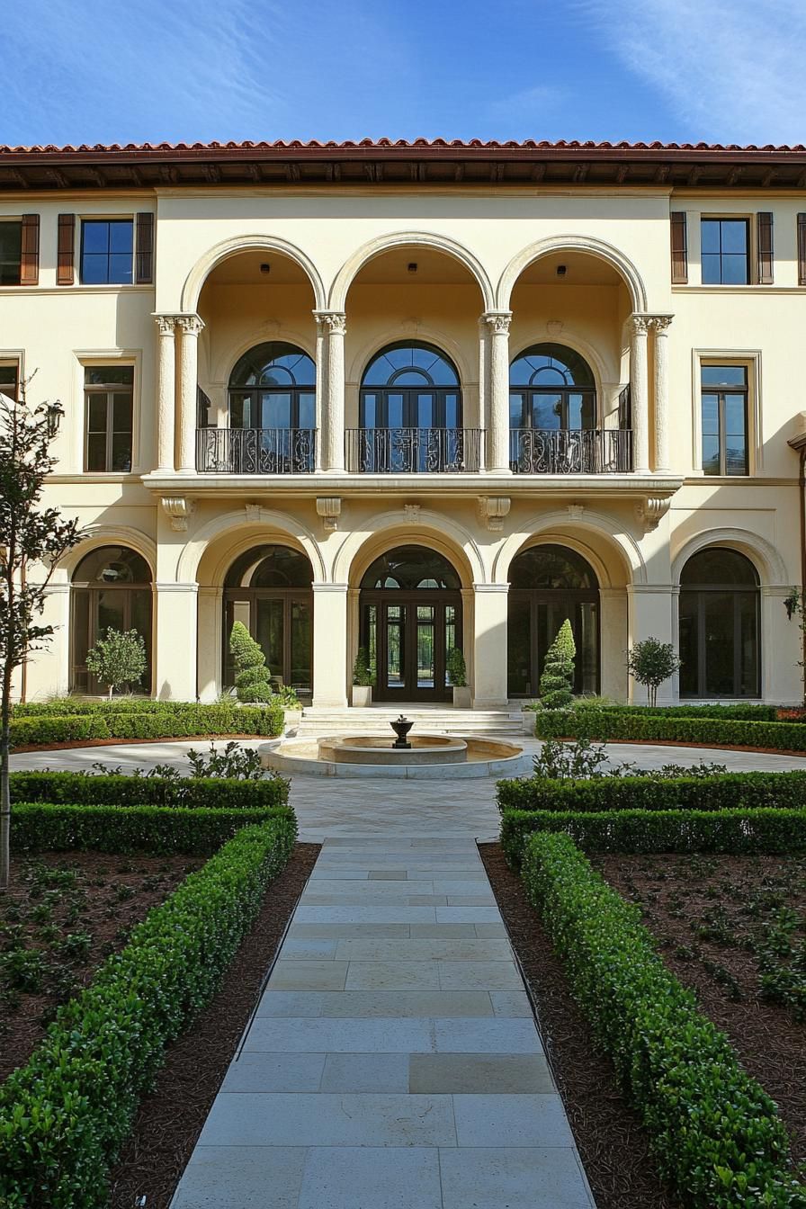 Elegant Mediterranean-style mansion with arches and a central courtyard fountain