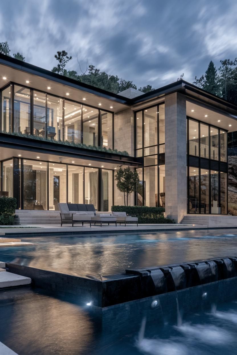 Modern house with large windows beside a shimmering pool