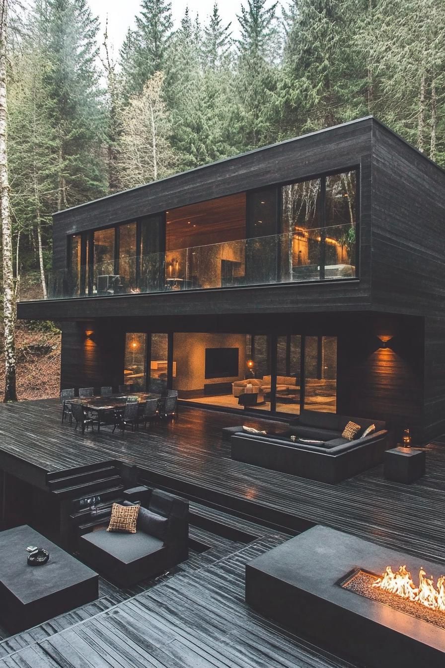 modern cube house with charred wood cladding large deck forest background