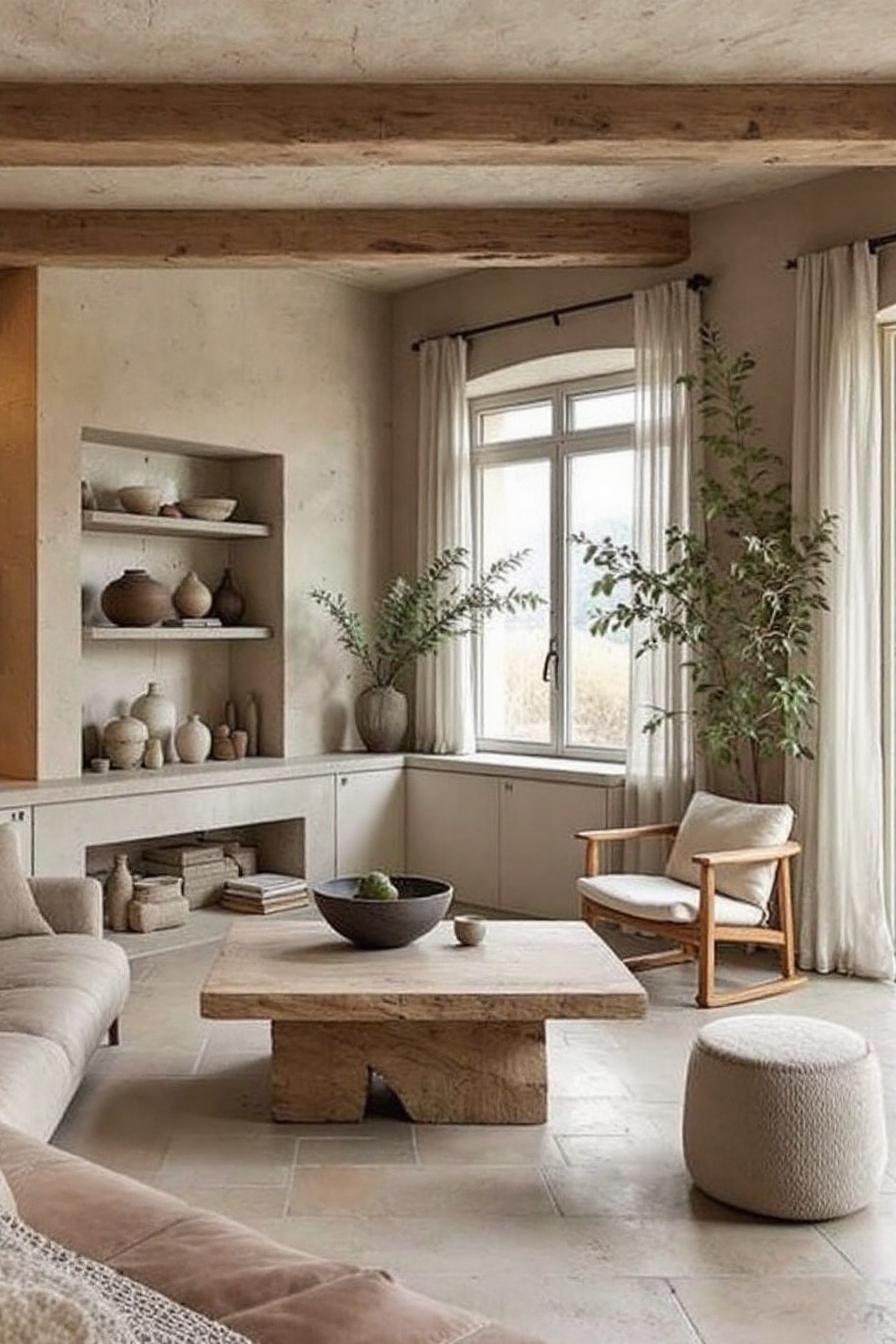 Cozy living room with rustic wooden beams