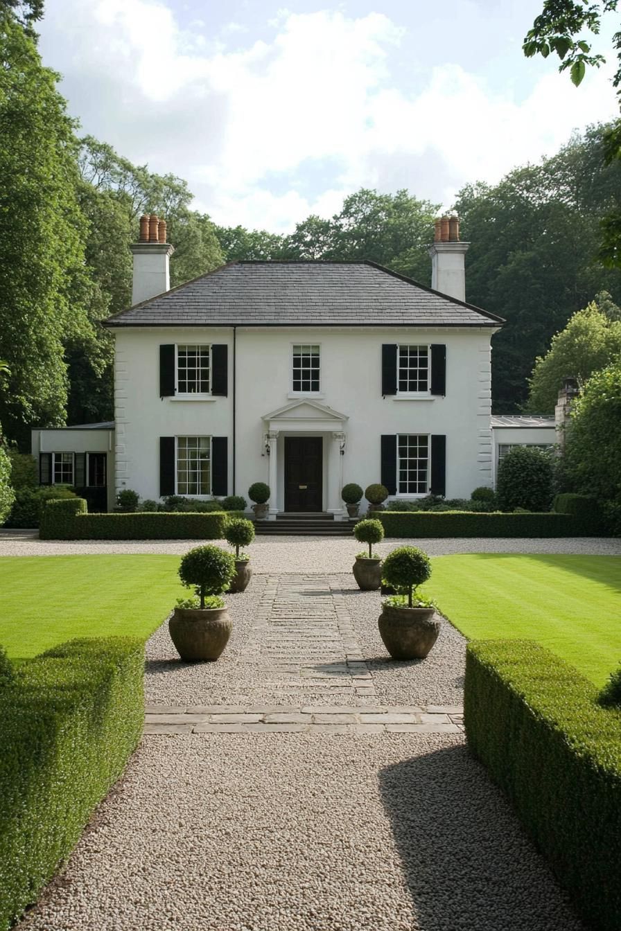 A white Georgian house with black shutters and a manicured garden