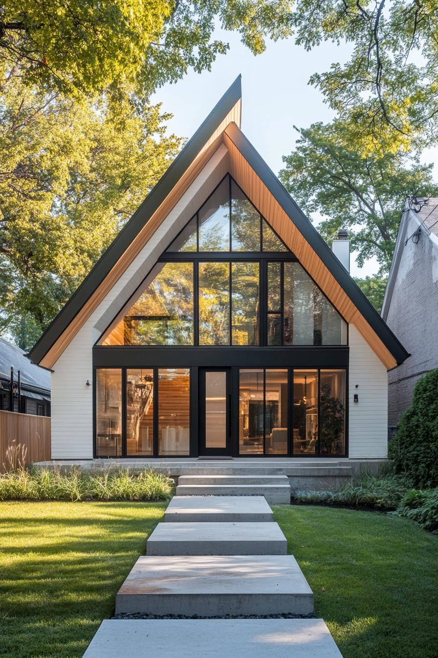 Bungalow with large windows nestled among trees