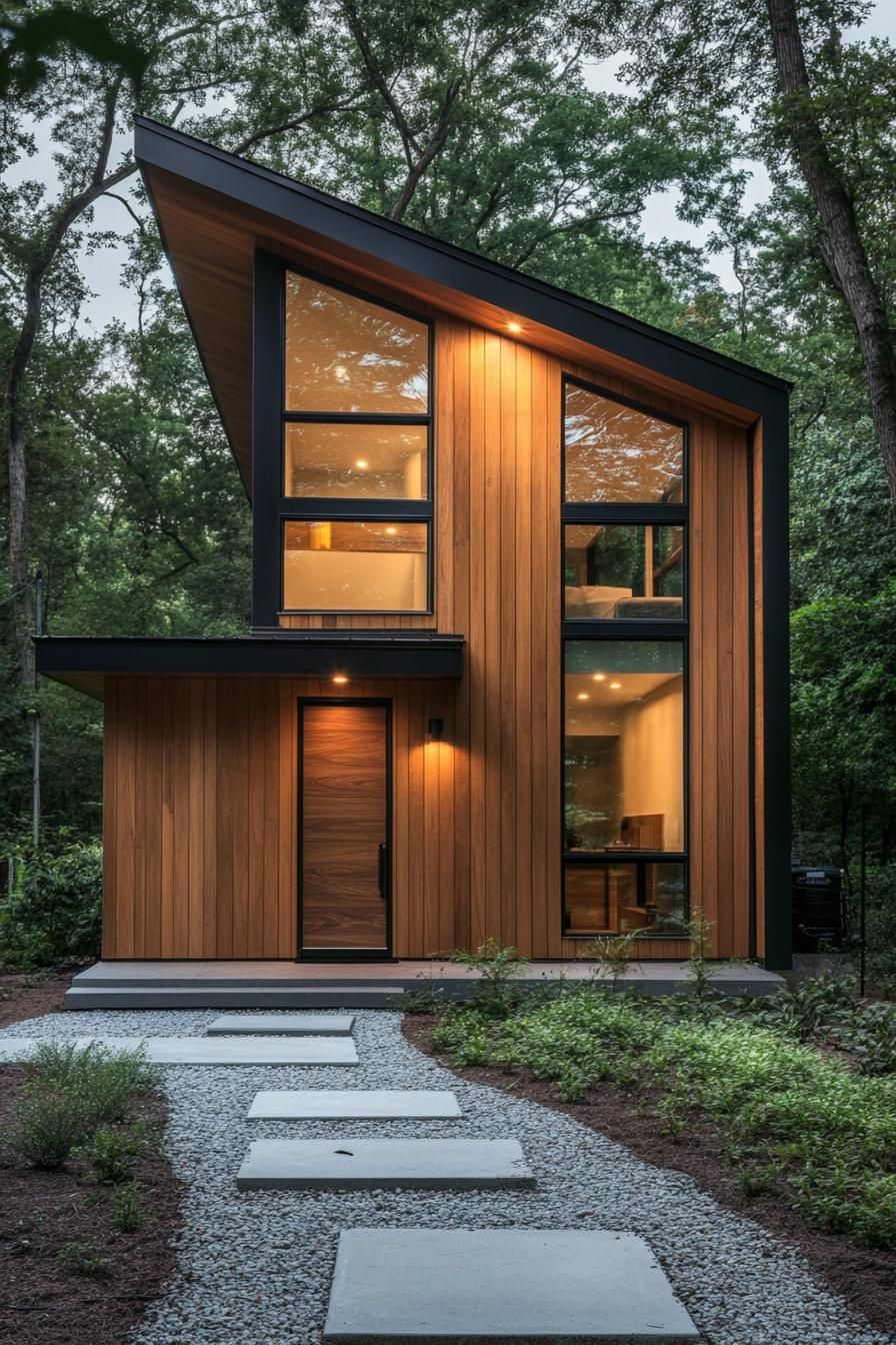 Two-story wooden cabin with large windows and a sloped roof