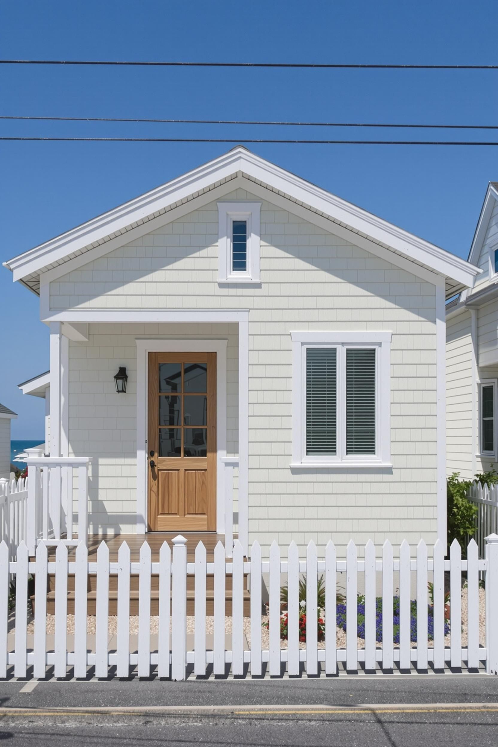 Small coastal house with a picket fence and blue sky