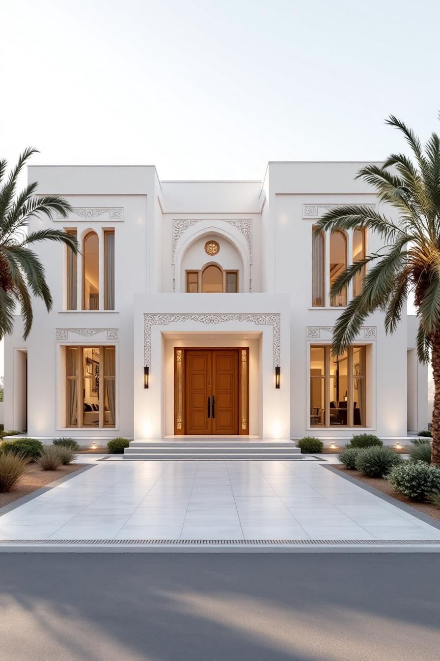 Elegant white house with arched windows and grand entrance