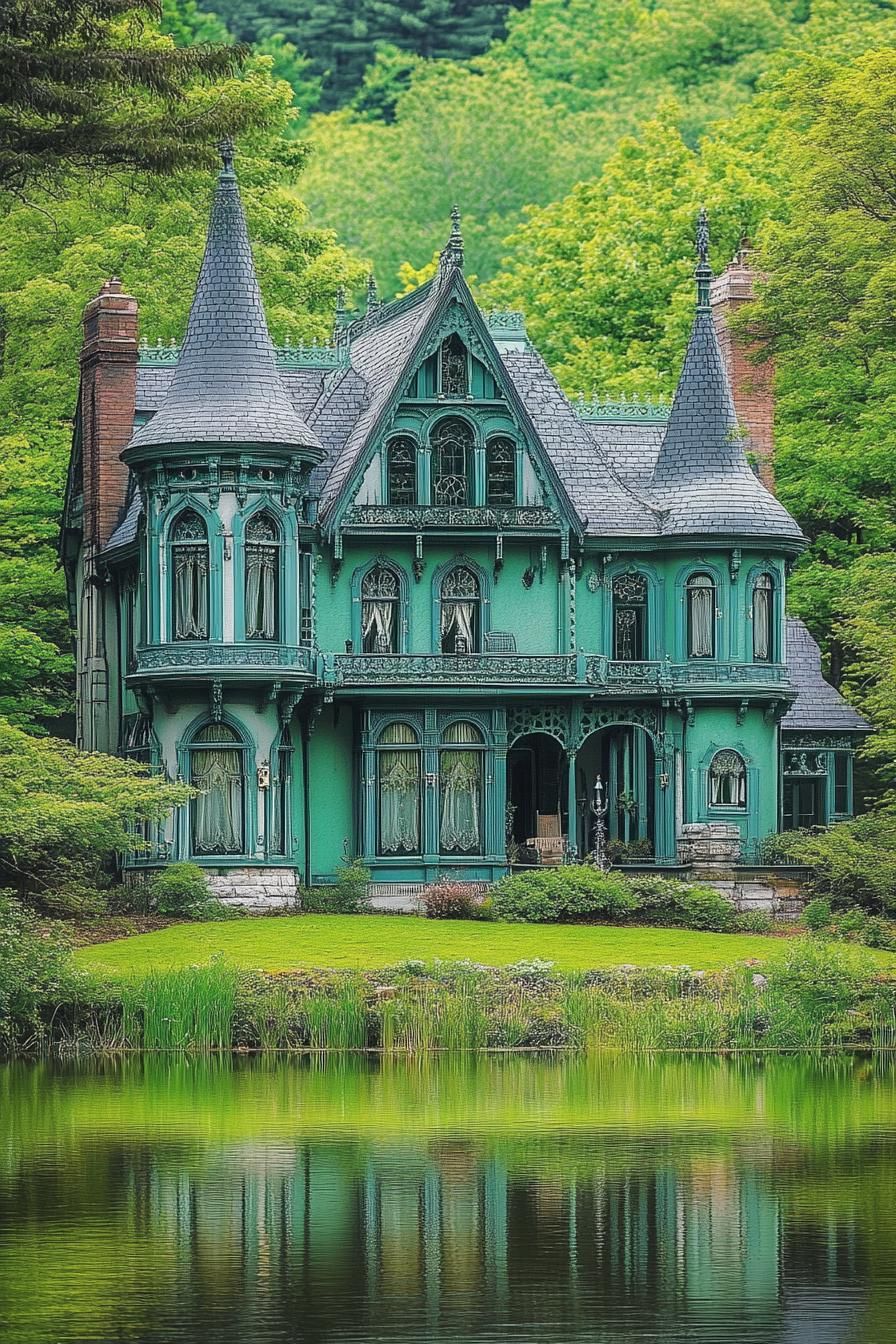 Victorian mansion with vibrant green facade grey roof with turrets lakeside in lush green leafy woodland