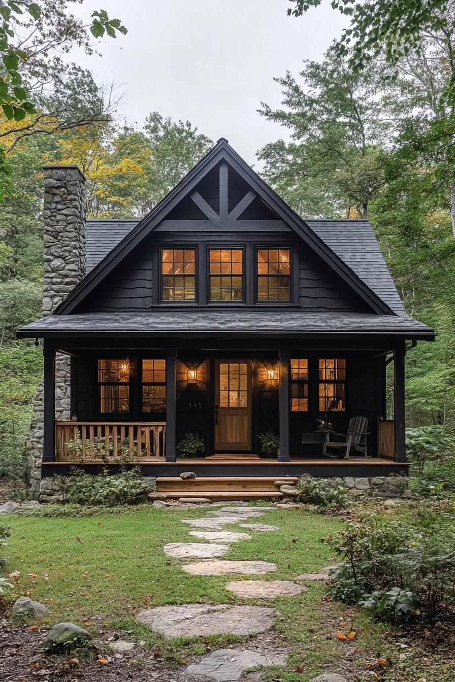 A rustic cabin with a stone chimney and a welcoming porch