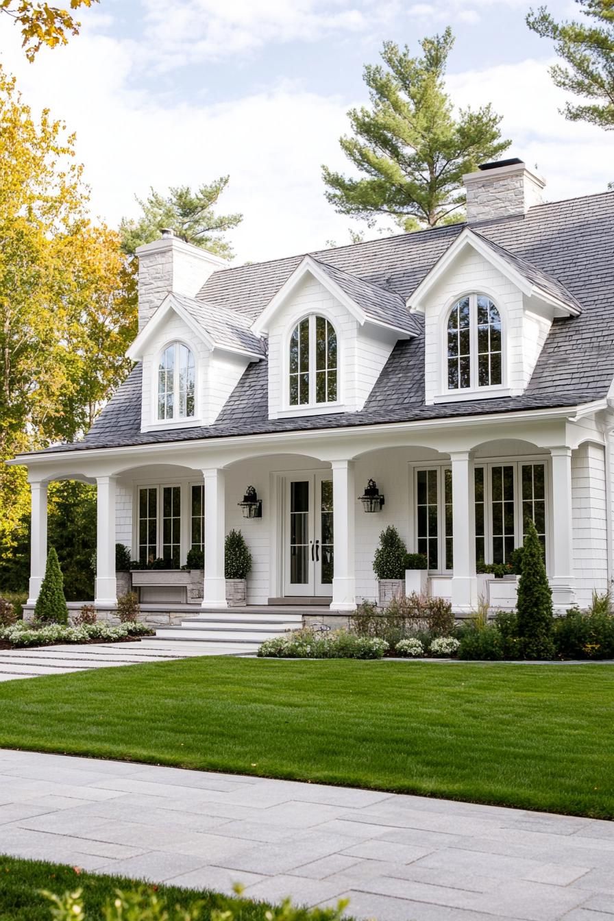 modern cottage with white clapboard siding stone grey multi pitch roof with dormers chimney large arched porch with columns and steps large white 3