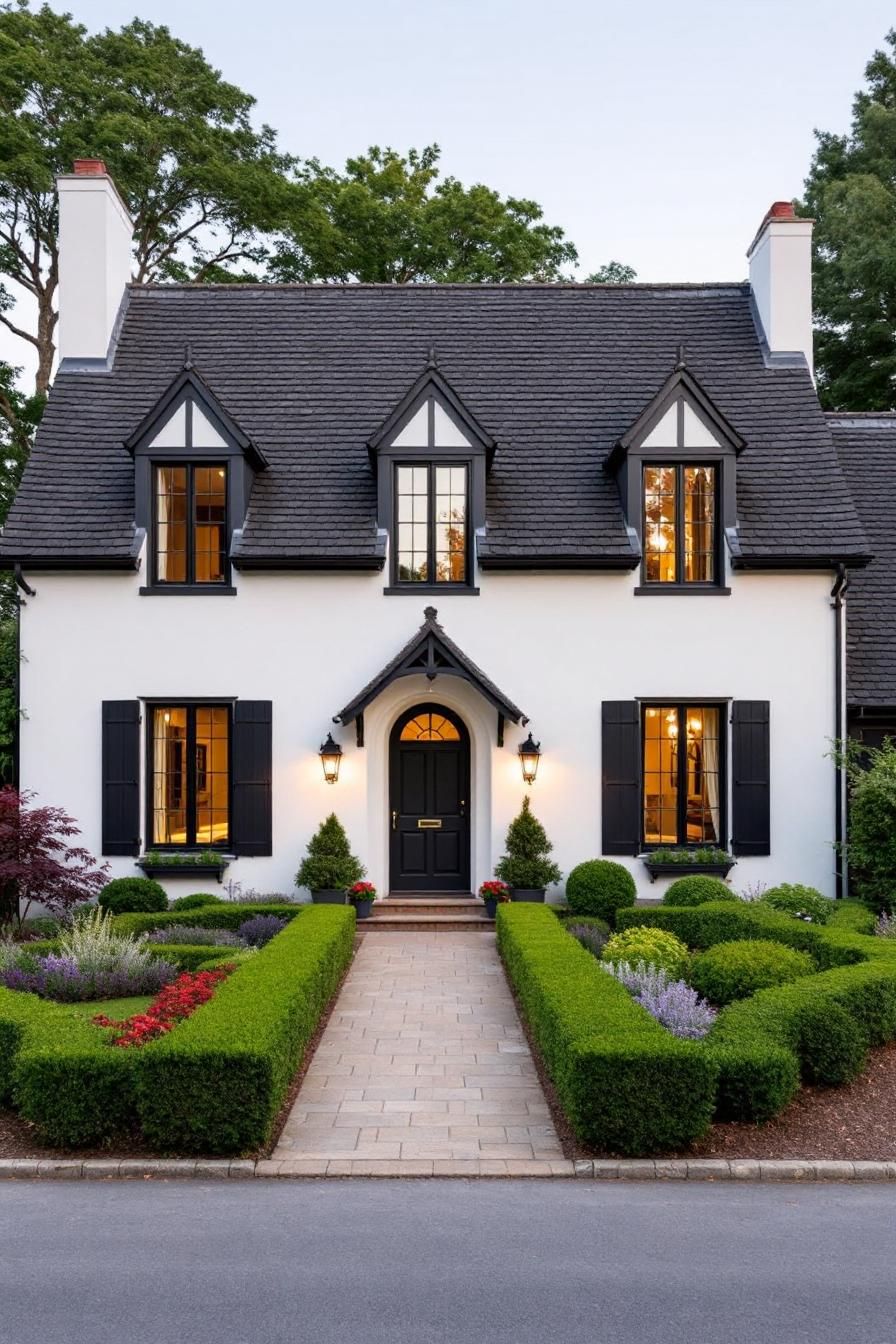 Black and white cottage with lush garden