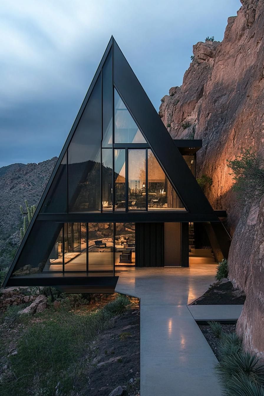 Modern triangular house nestled in a rocky hillside