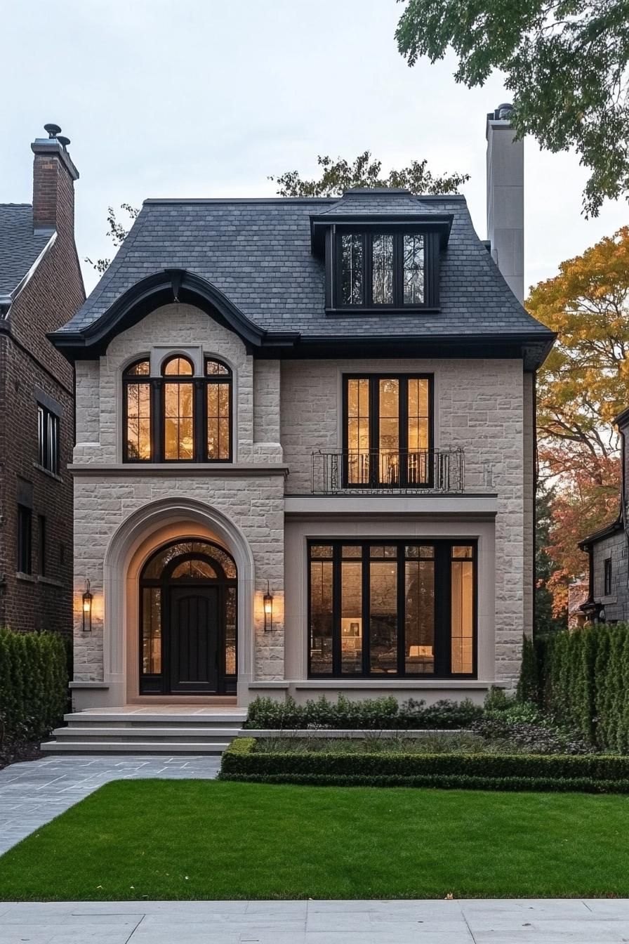 Elegant suburban stone house with arched doorway and classic windows