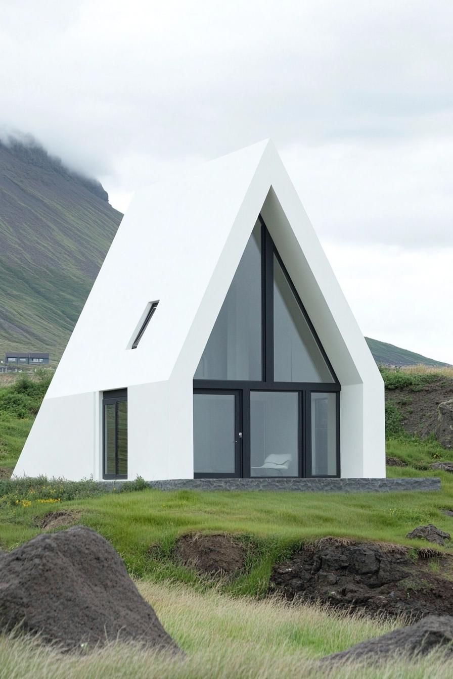 White A-frame house with large glass windows set against a hill