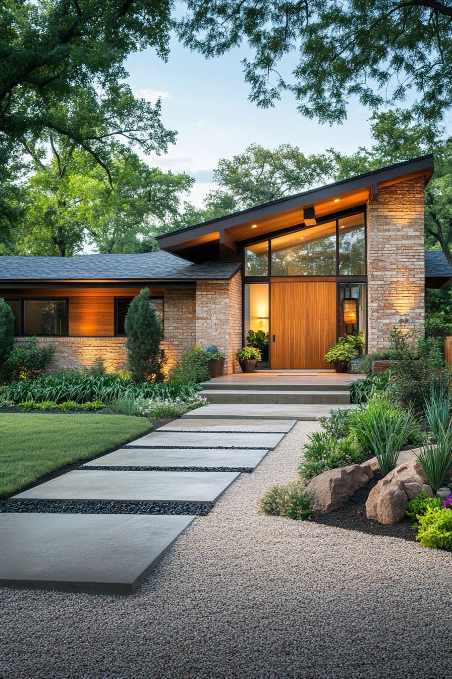 contemporary single story house exterior with polished limestone brick front wall siding walnut wood side wall siding geometric roof with large 2