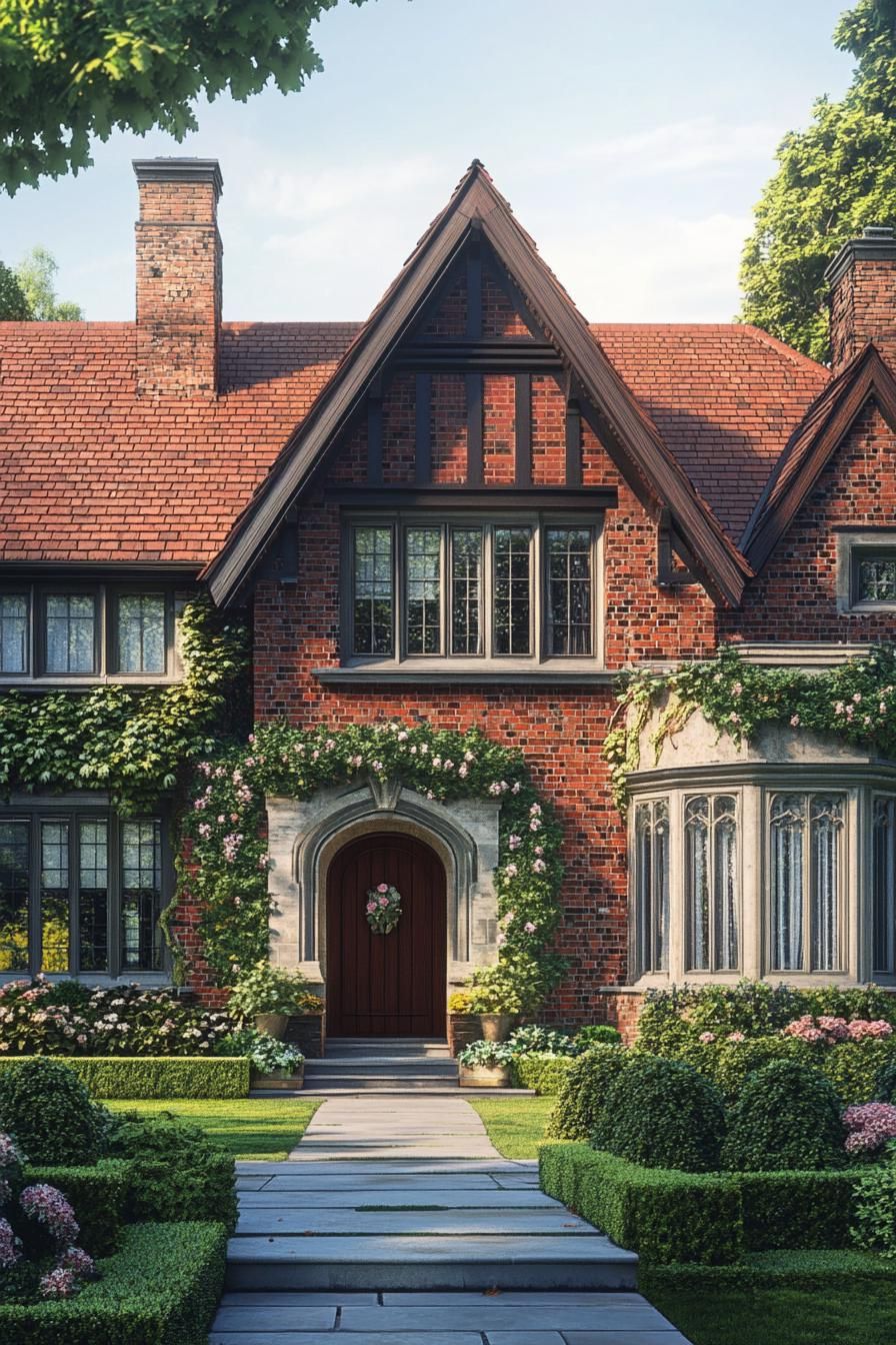 two story English red brick manor front facade with flower vines red shingle roof facade detailing garden with geometric shrubs 3