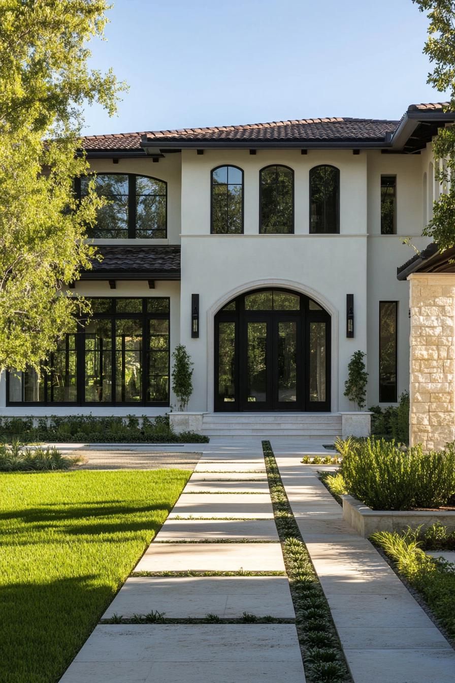 Two-story Mediterranean house surrounded by lush greenery