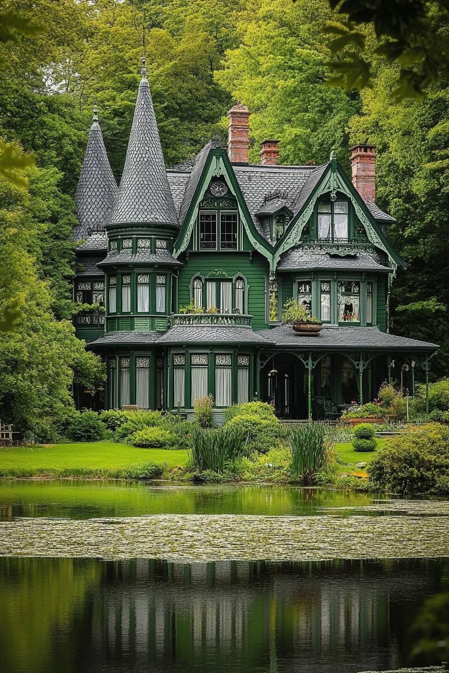 Victorian mansion with vibrant green facade grey roof with turrets lakeside in lush green leafy woodland 1