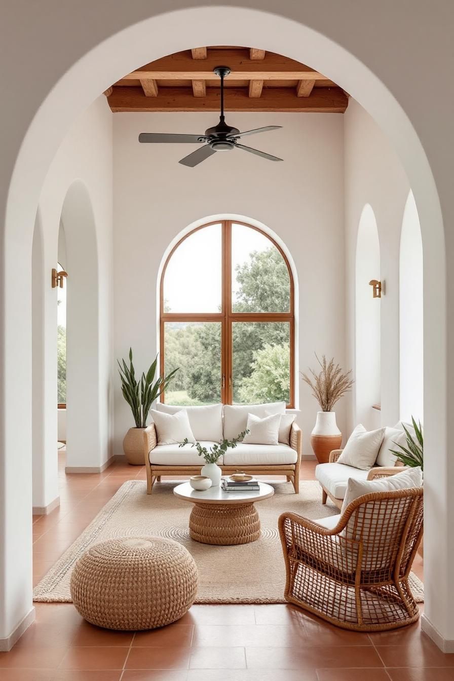 Bright living room with archways and wooden tones