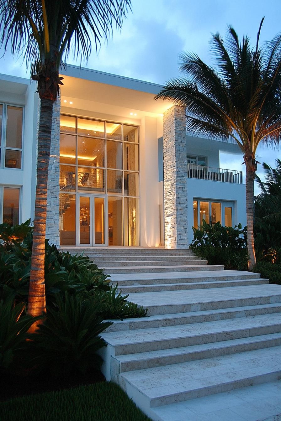 front view of a modern white house with large glass enclosed entrance stone siding columns front landscaping with tall palms and steps sunset scene