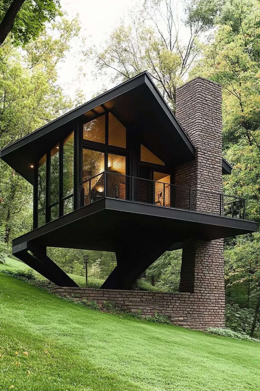 modern geometric cabin house on a steep green hillside slope supported on brick columns it has geometric roof steps to the house from the slope v