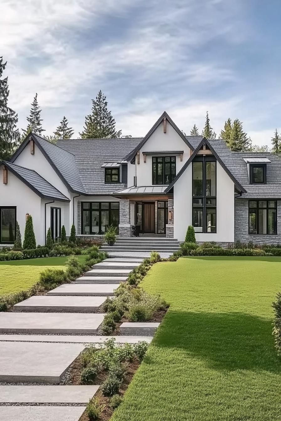 Modern gabled house with lush green lawn and pathway