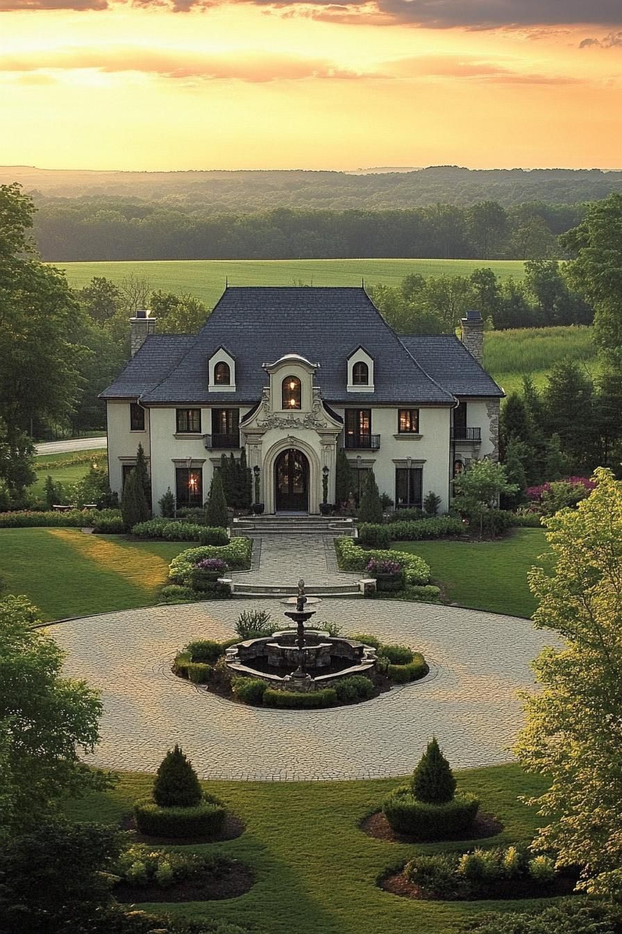 Stately house with elegant landscaping and a fountain