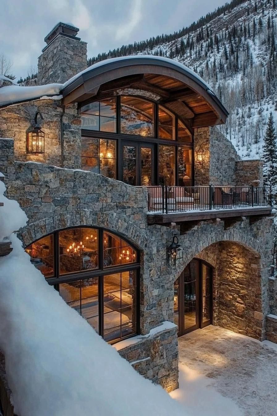 Stone house with snowy background and warm lights