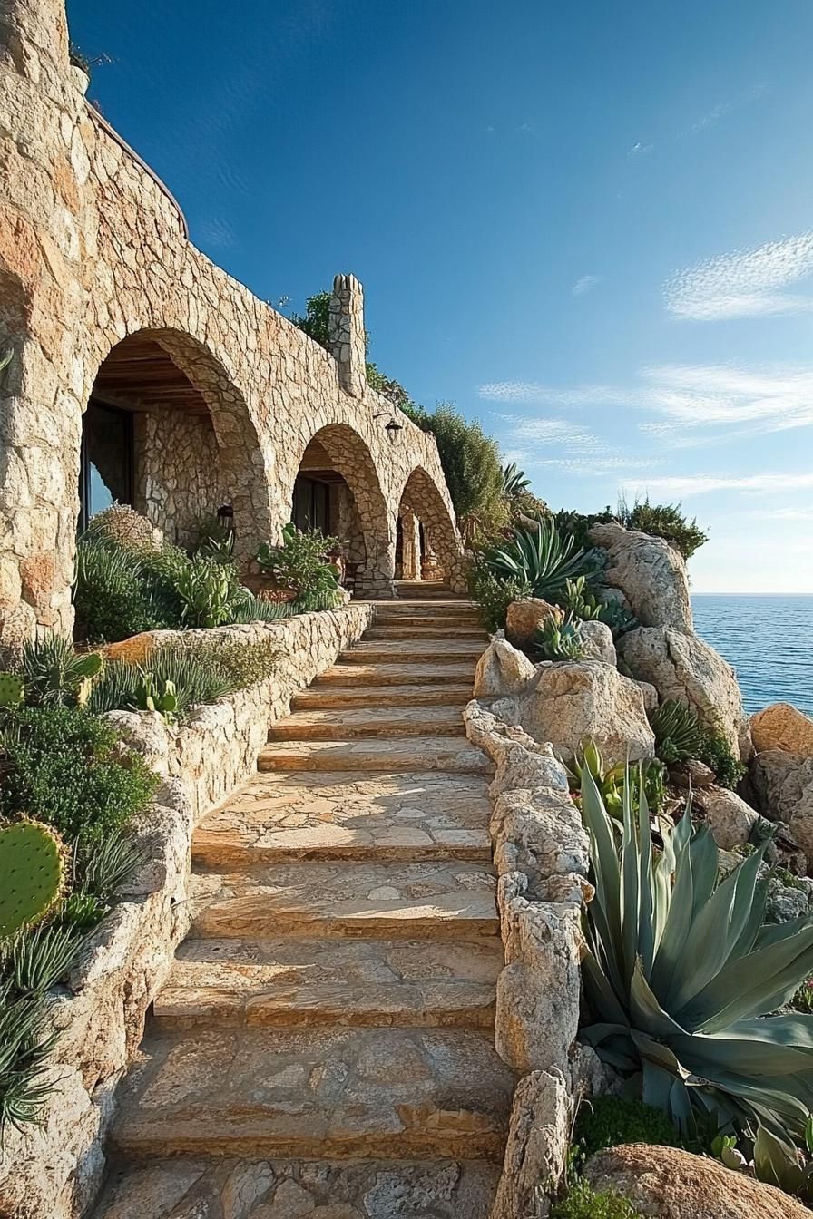 italian cliff villa with stone paved path with steps boulder borders with native plants stone facade with arches stunning sea view 2