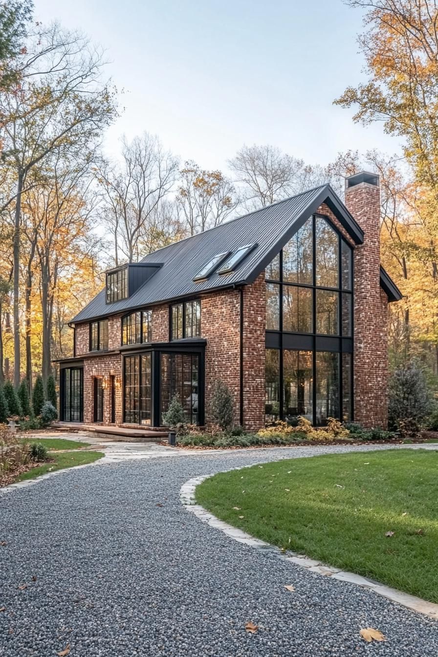 Modern barn house with large windows and brick design in an autumn setting