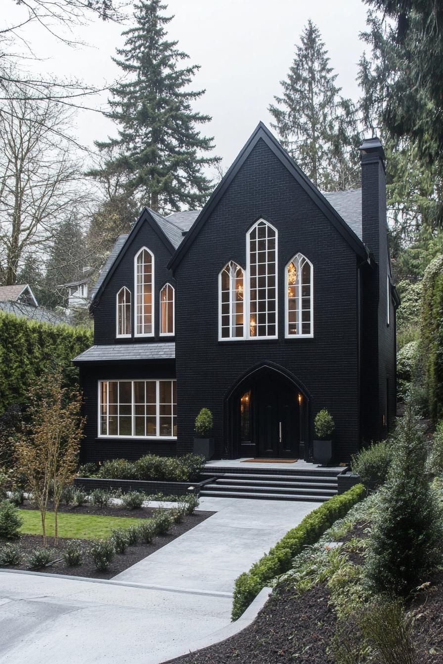 Dark-hued Gothic style house with pointy roofs and large windows