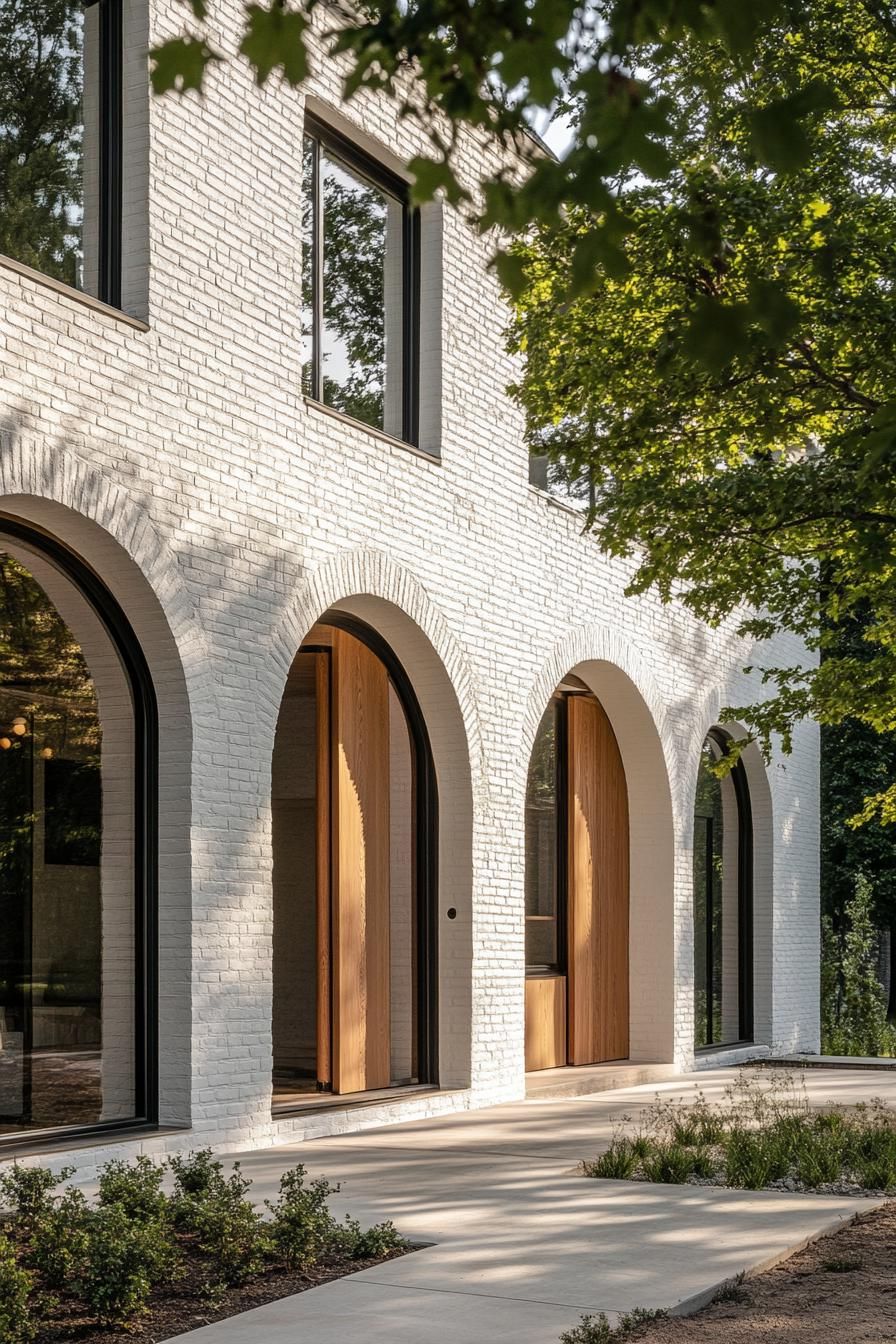 modern european farmhouse facade with white painted brick facade natural wood arched doors small and large modern windows front yard with trees and 1