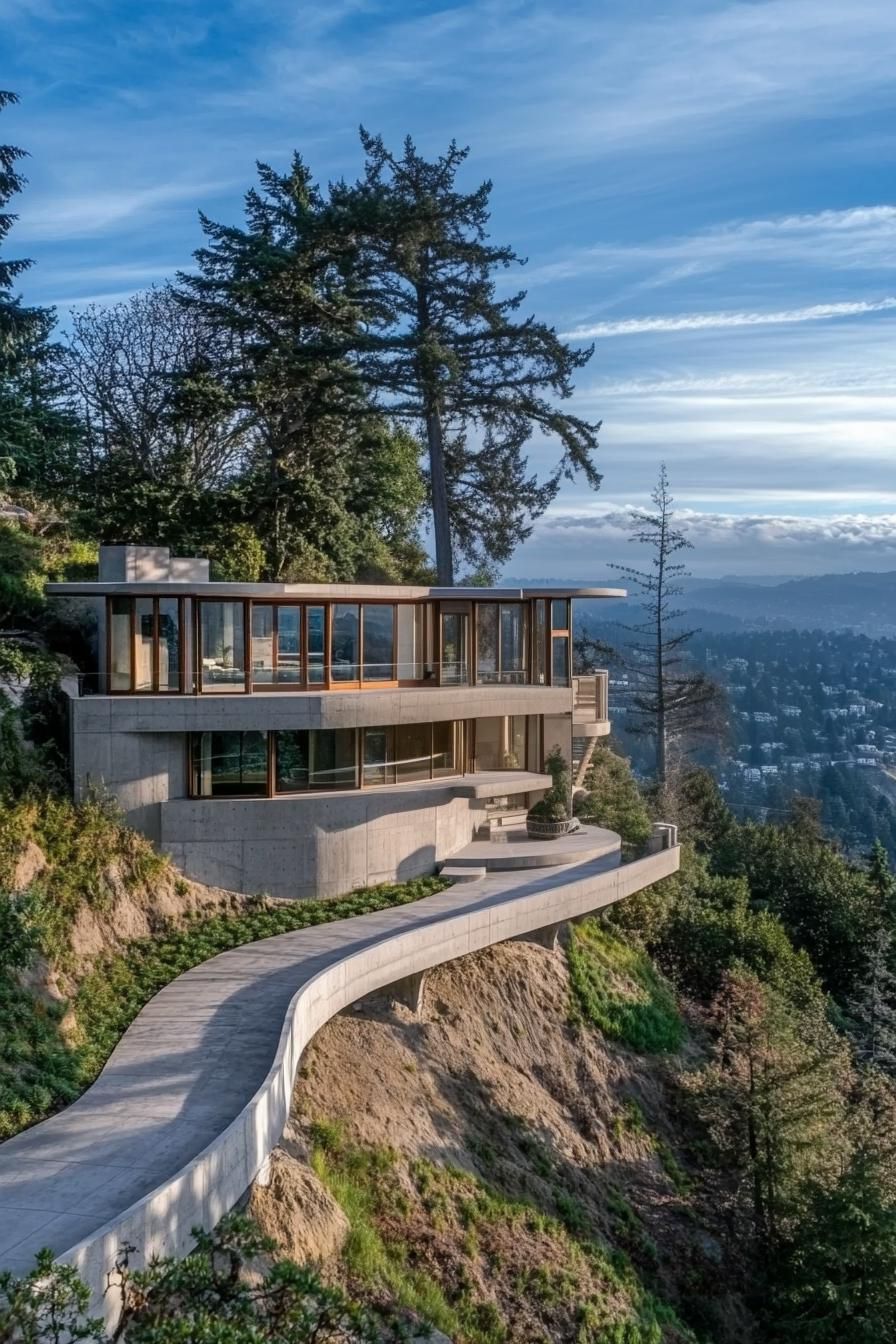 modern concrete cliffside slope house with cascading terraces path on the slope leads to the house from above v 6.1