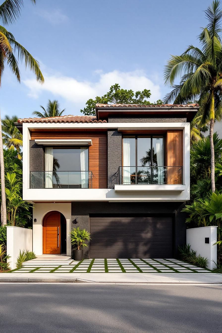 Modern tropical house with palm trees and glass windows