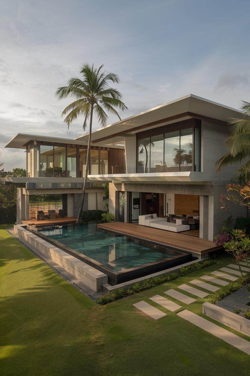 Modern tropical villa with infinity pool and palm trees