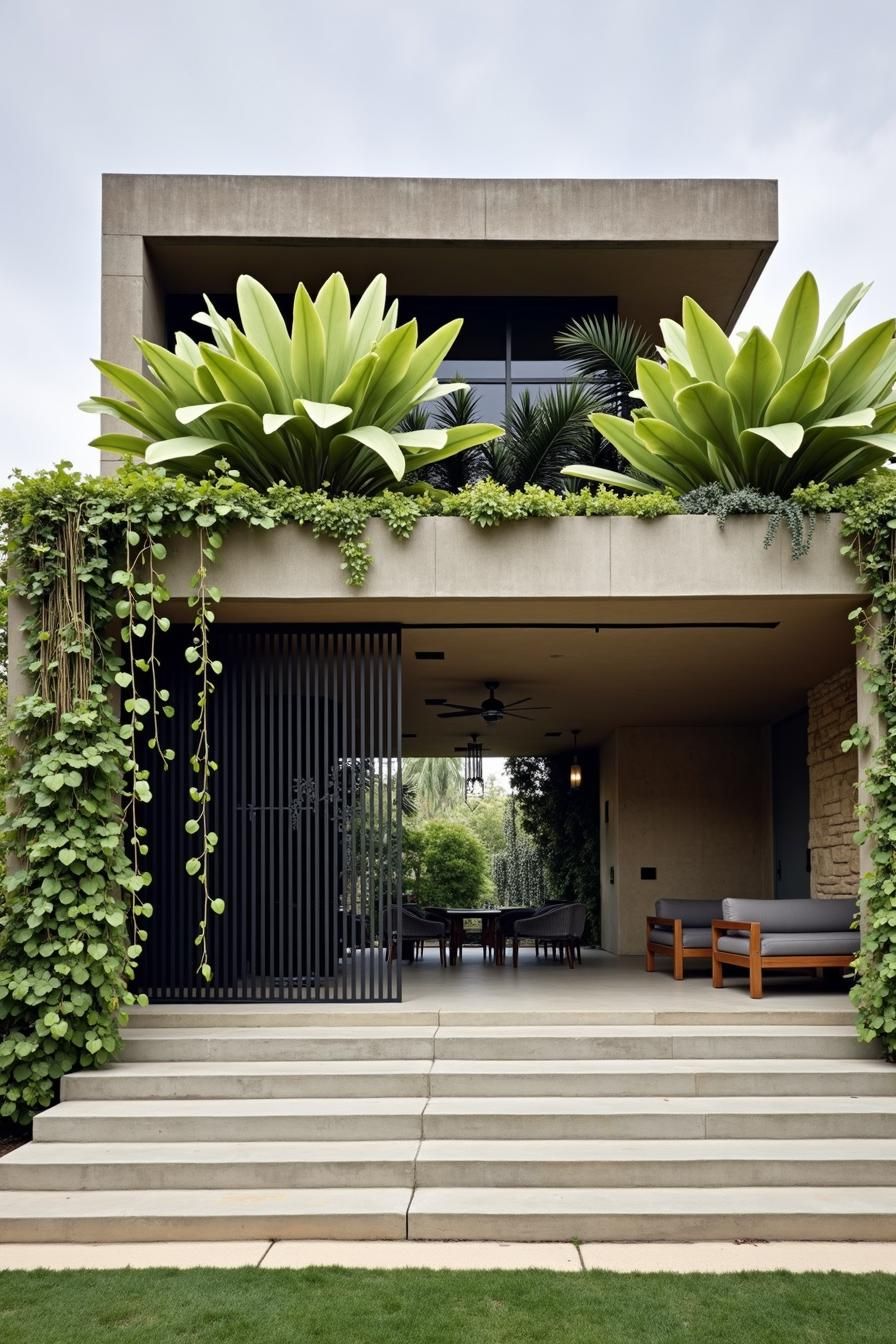 Brutalist house with lush plants and a modern design