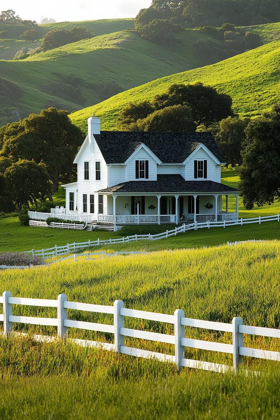 White farmhouse with a wraparound porch in lush hills