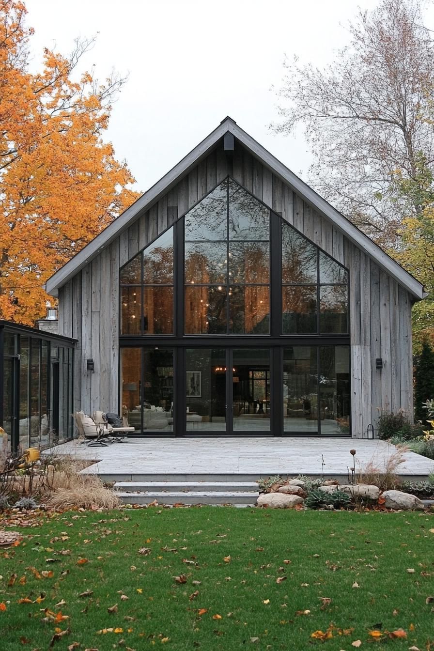 Contemporary barn house with large windows in fall scenery