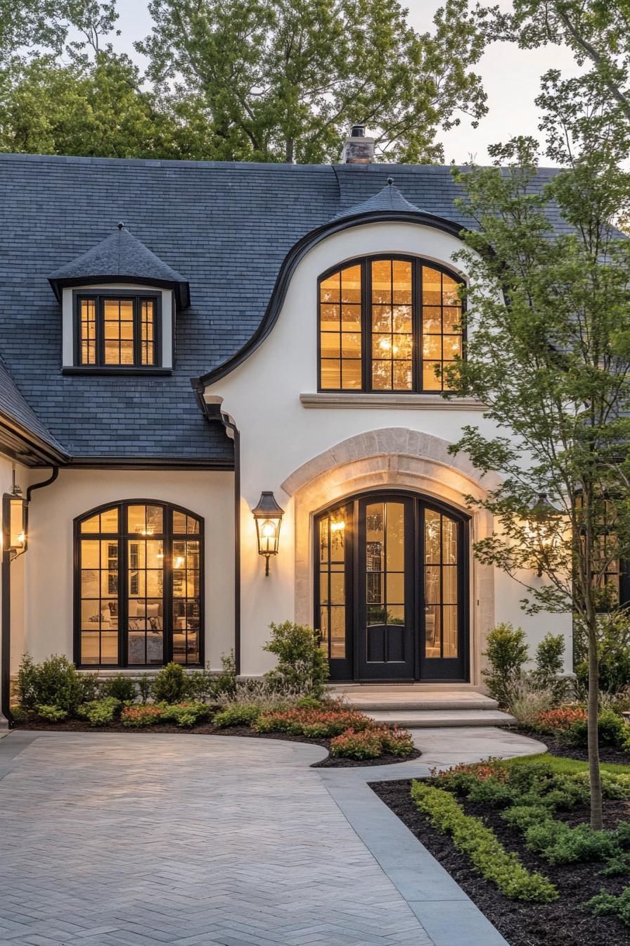 Elegant house with curved roof and glowing windows