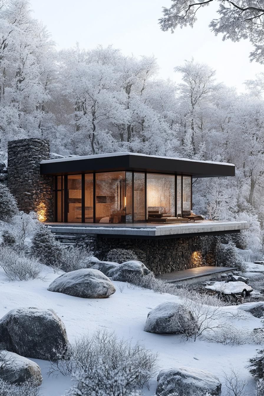 A modern cabin perched on a stone foundation amidst a snowy forest