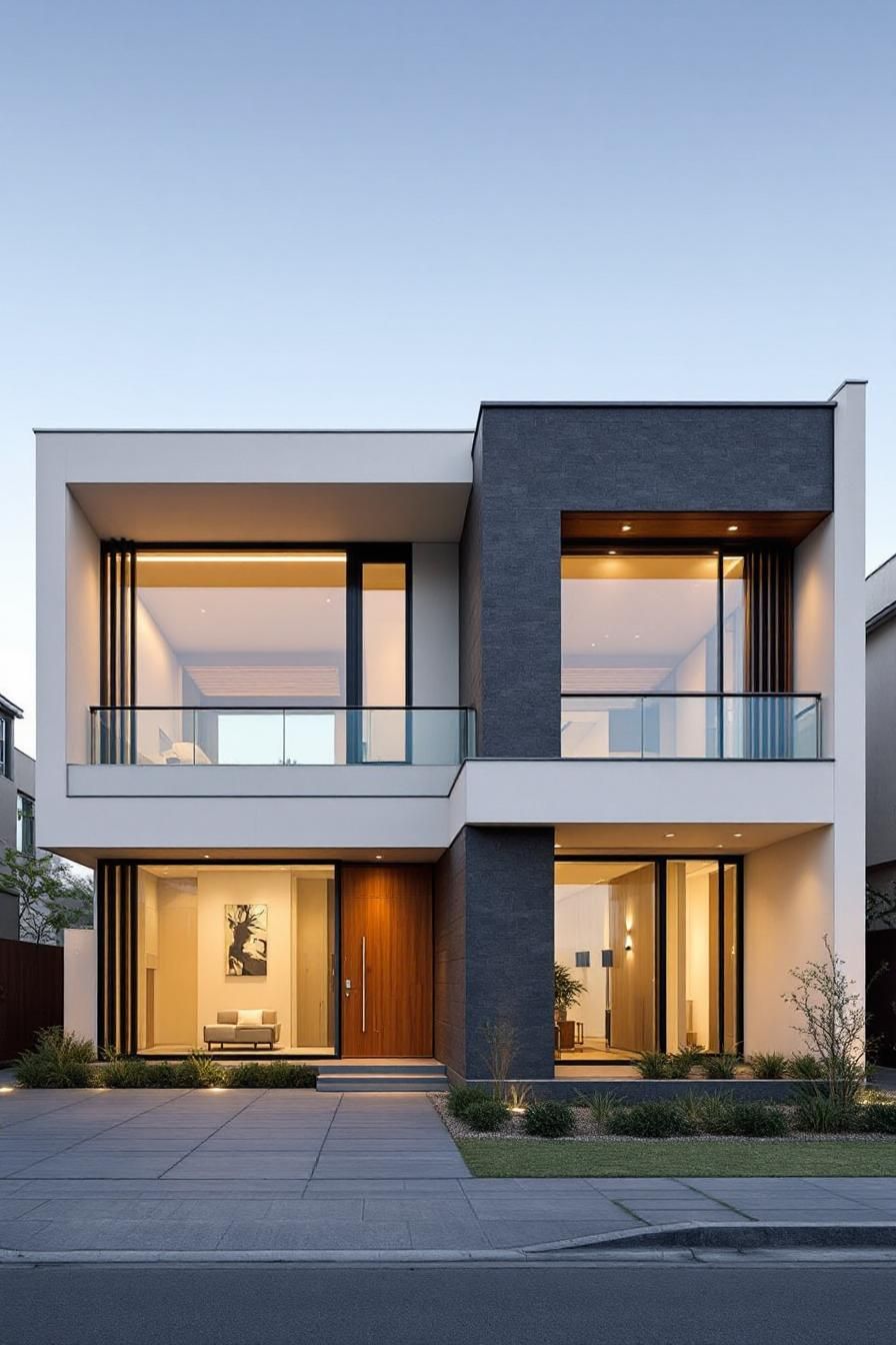 Modern two-story house with glass and stone elements