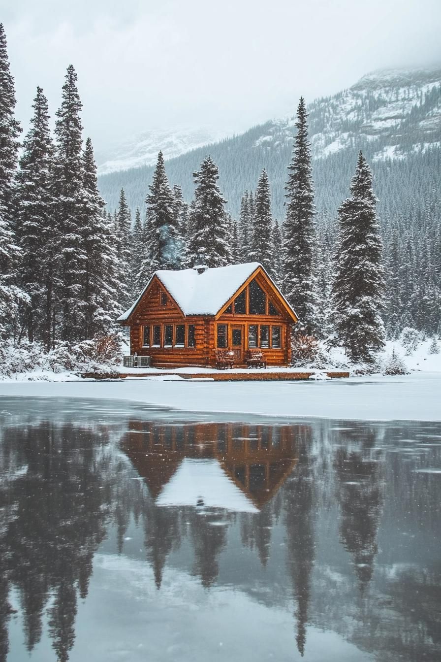 tiny cabin on a frozen lake surrouneded with crips white snowed in trees