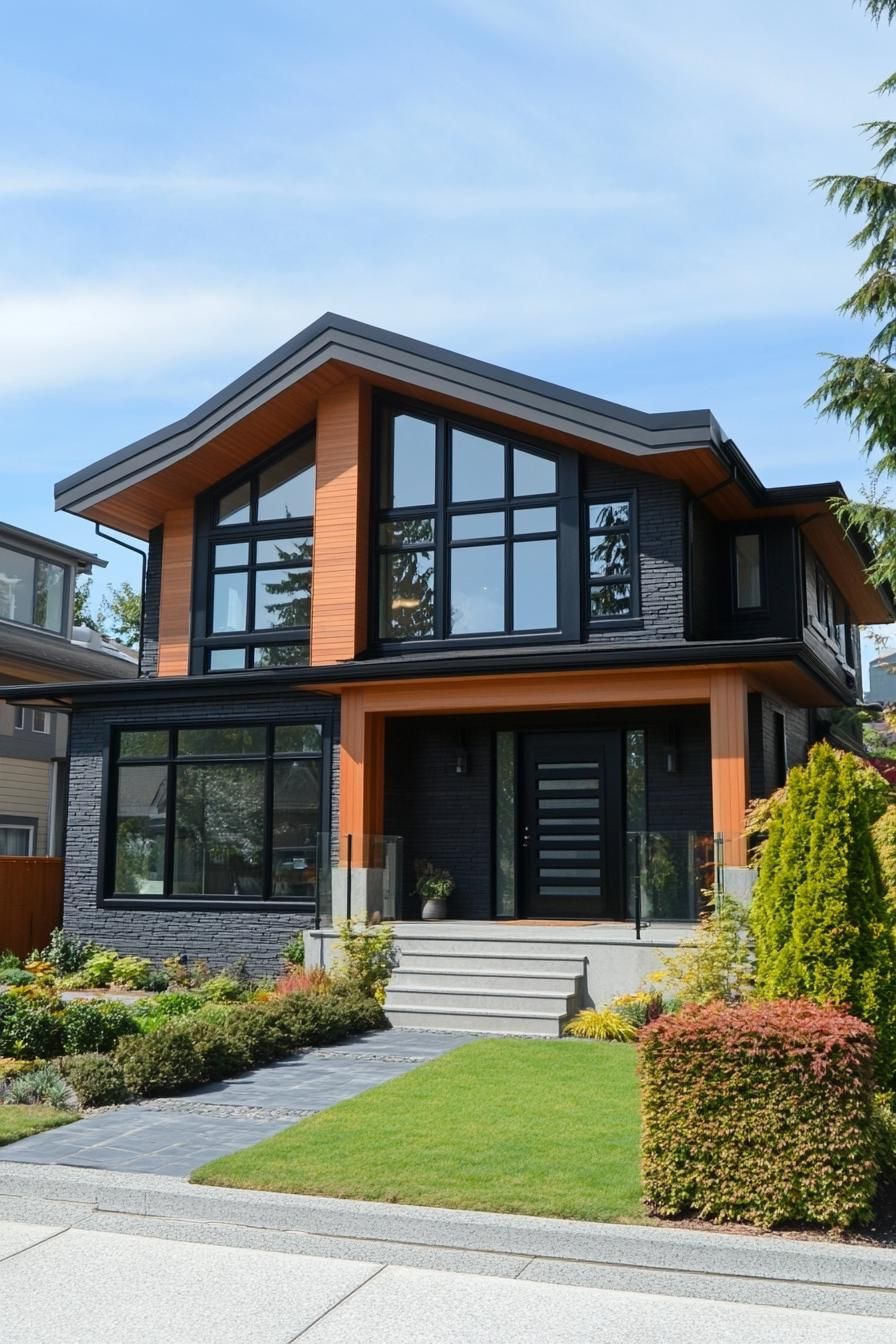 timber clad modern house with gable roof bungalow style large black modern windows suburban front yard with shrubs 2