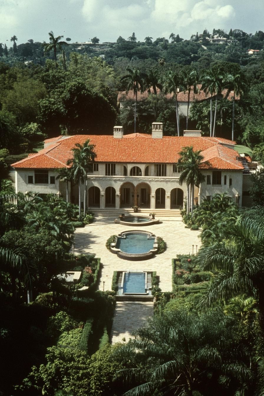 Large mansion surrounded by lush trees, featuring a red-tiled roof and beautiful gardens