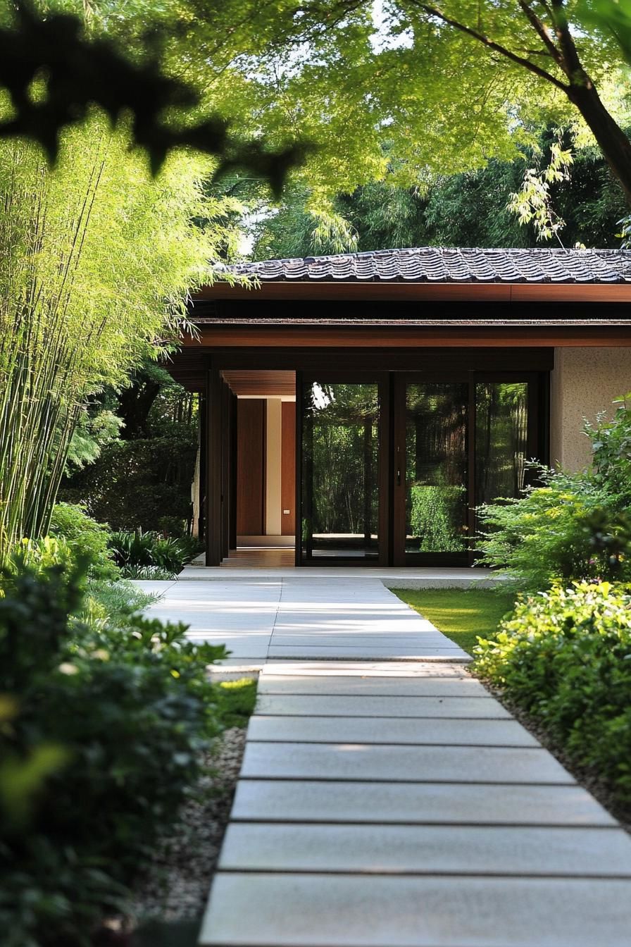 Entrance of a minimalist house surrounded by lush greenery