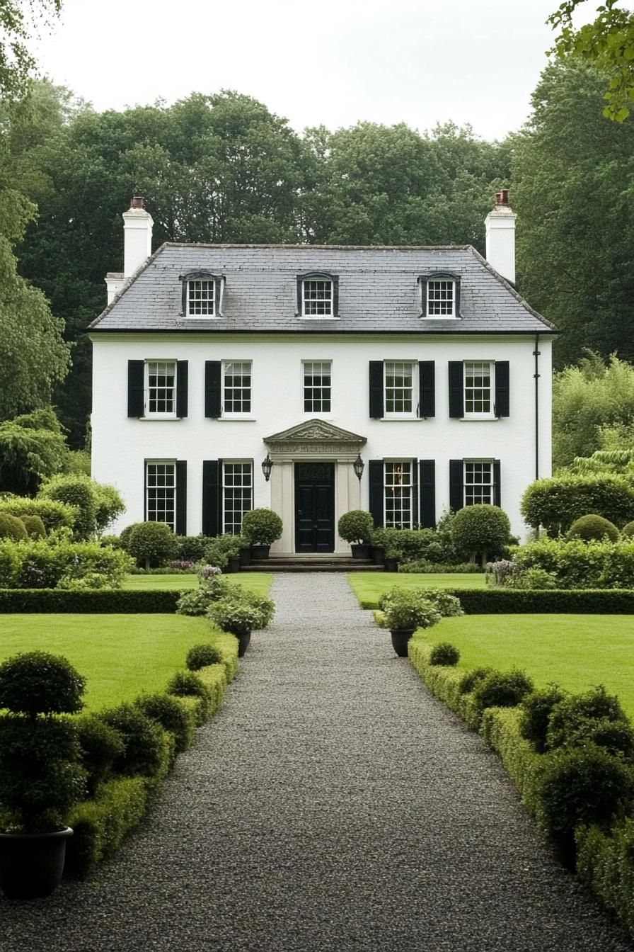 White Georgian house with black shutters and lush garden