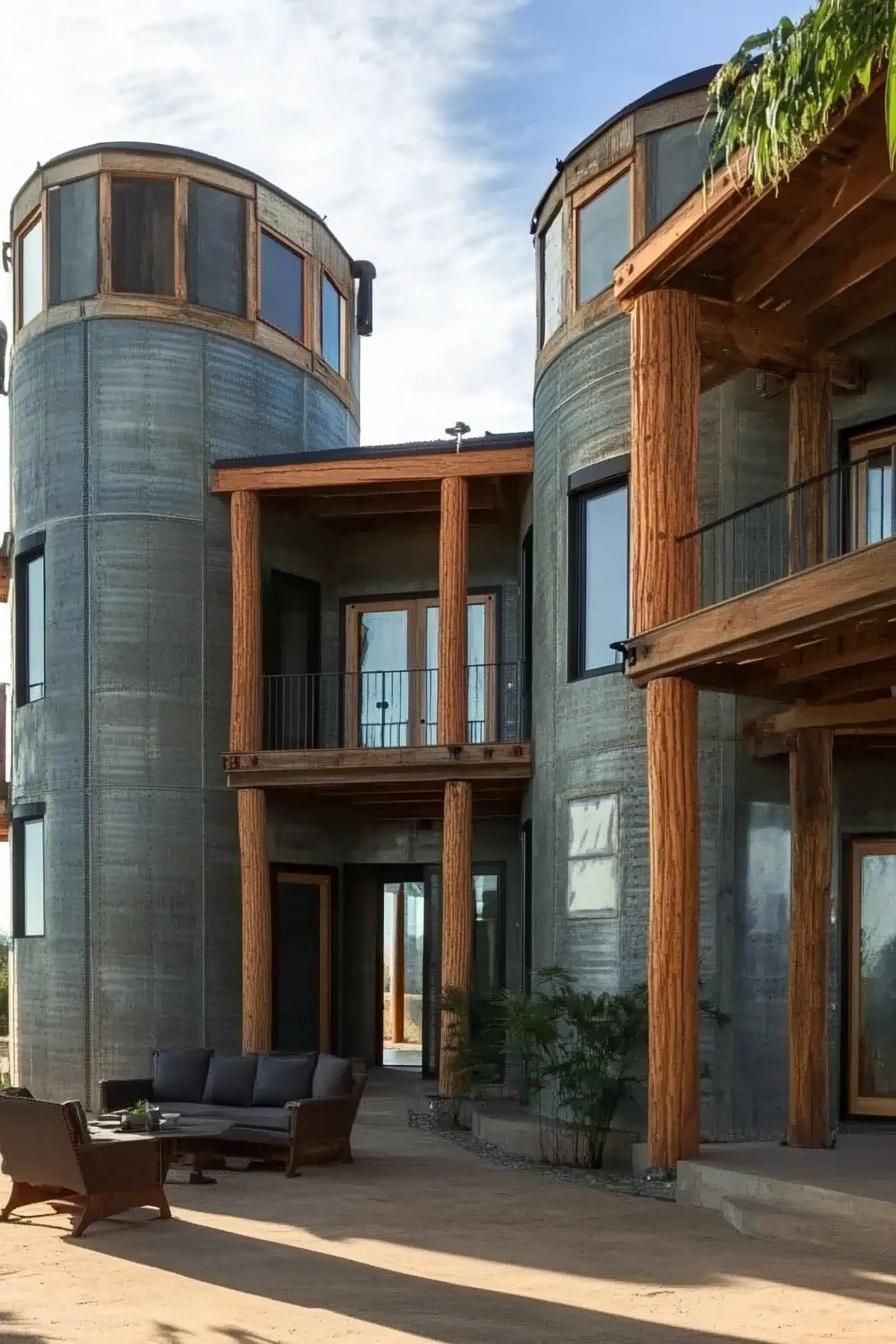 a house built from three grain silos connected with wooden post and beam structure it has modern windows