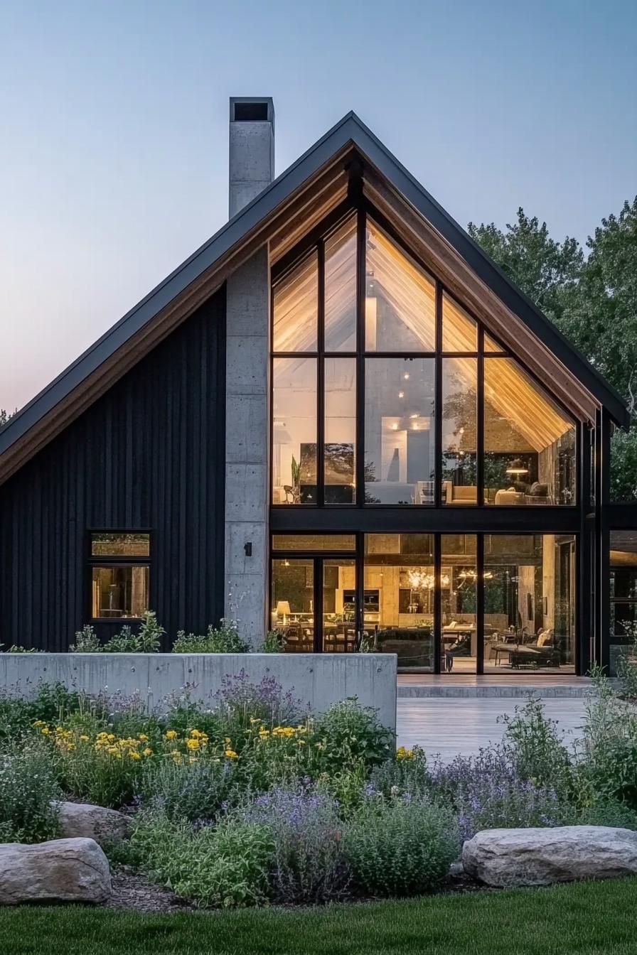 Modern barn house with large windows and lush garden