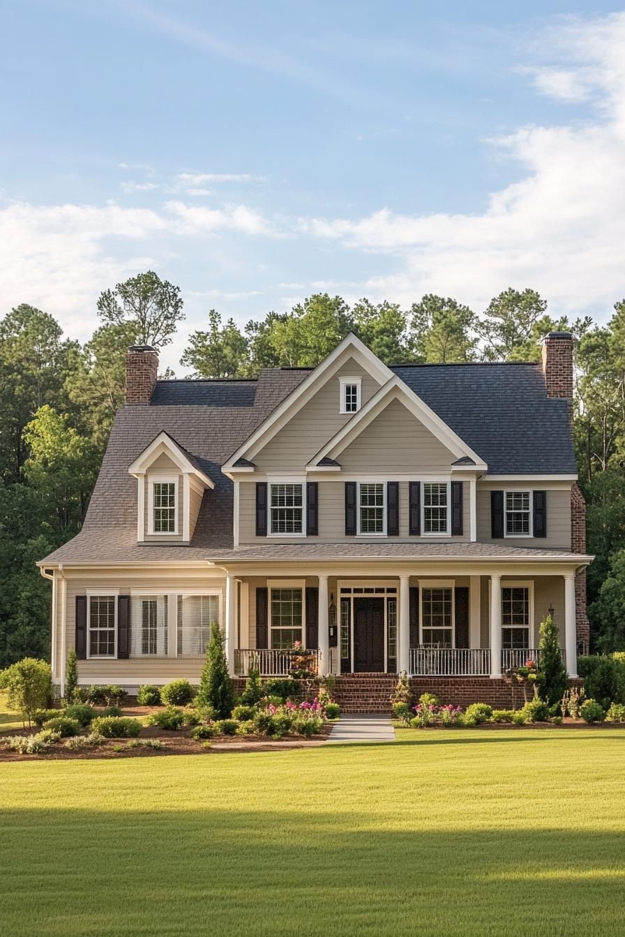 Front view of a symmetrical house with two chimneys