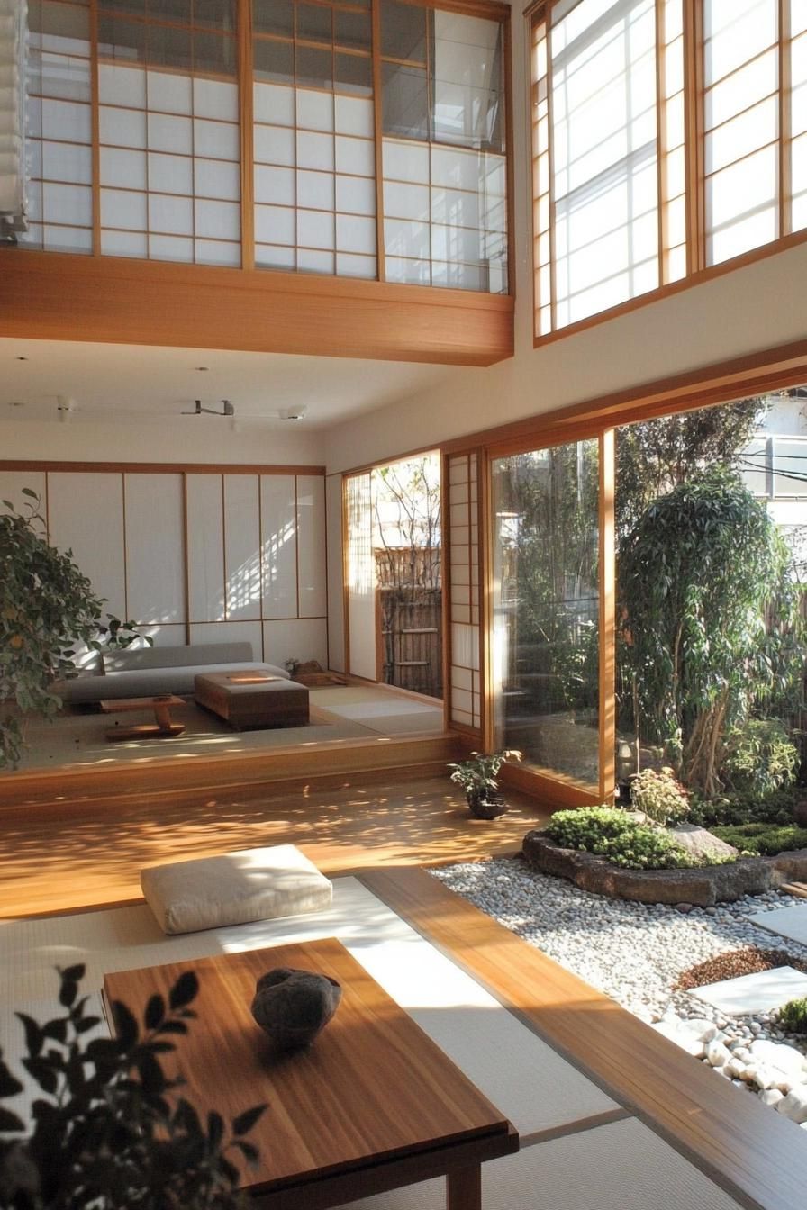 Japanese courtyard house with sliding panels and a garden nook